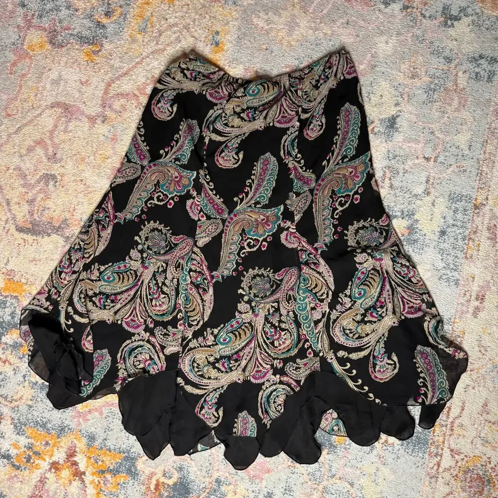 Vintage Y2K black paisley whimsigoth boho midi skirt